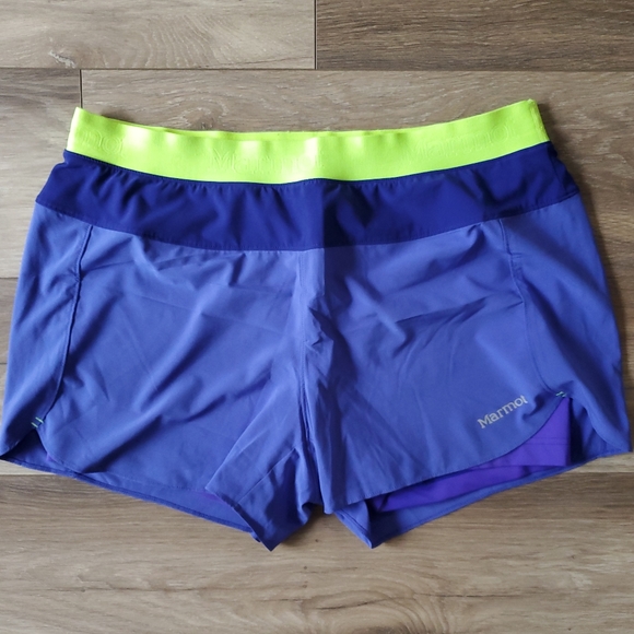 EUC Marmot women's running/athletic shorts, size XL/12, purple/blue, neon green - Picture 1 of 8